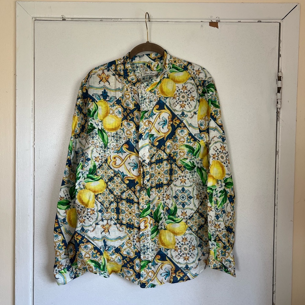 Puro Lino 100% Linen Vibrant Lemon Pattern Button Down Shirt Size XL